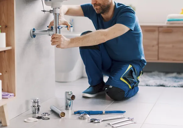 Plumber fitting a bathroom basin waste, tools laid out on the tiled floor