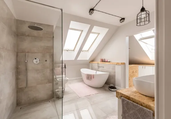 Loft bathroom with walk-in shower, freestanding bath and skylights