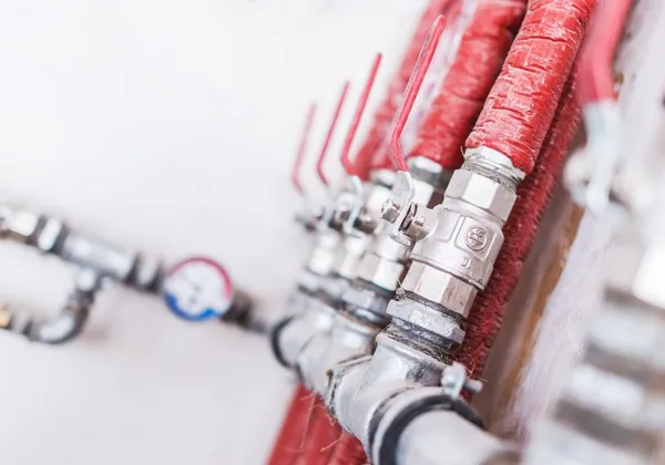 Central heating manifold and pipework with pressure gauge