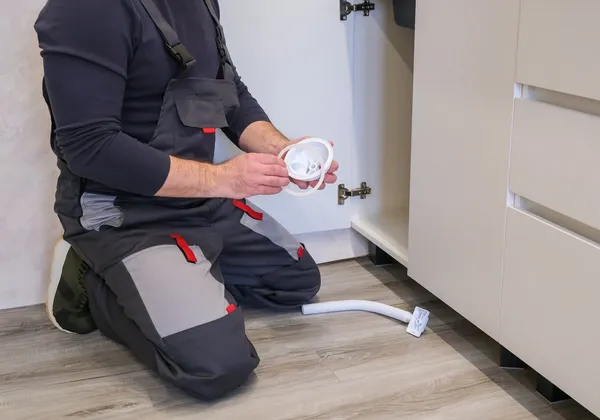 Plumber fitting pipework beside a kitchen cabinet